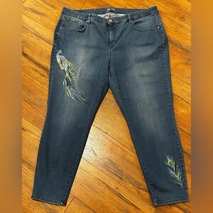 Martha Stewart Women’s 24W Denim Jeans Peacock Embroidery Blue Green White